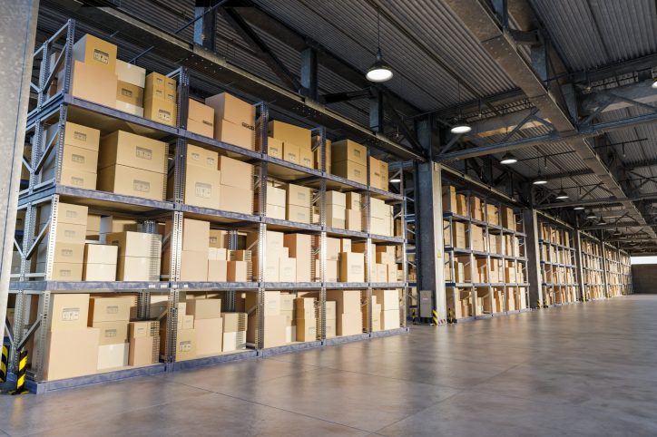 3D illustration. Cardboard boxes on storage warehouse shelves. Industry, logistics and shipping concept.